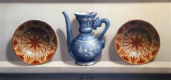 § Frederick Clifford Harrison (1901-1984) Isnik ewer and two Spanish plates 16.5 x 34.5in.